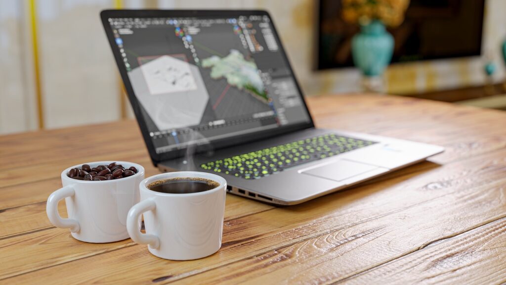 laptop, coffee, coffee grains, raw, refresh, drink, work, home work, home office, 3d, blender, cycle render, study